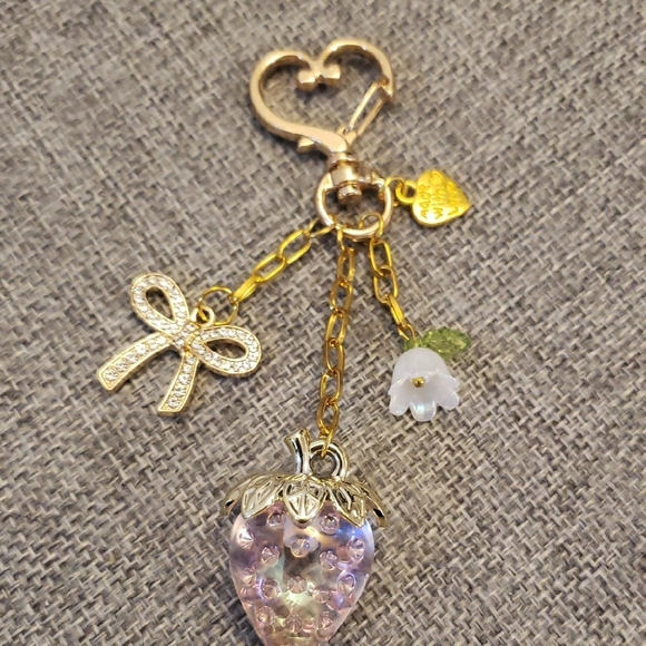 Gold and Pink Strawberry Bag Charm Keychain - Picture 2 of 4